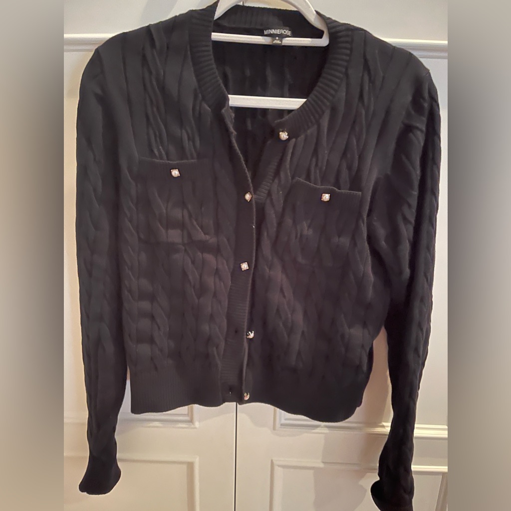 Minnie Rose Black Cable Knit Cardigan With Pearl Buttons Size Small